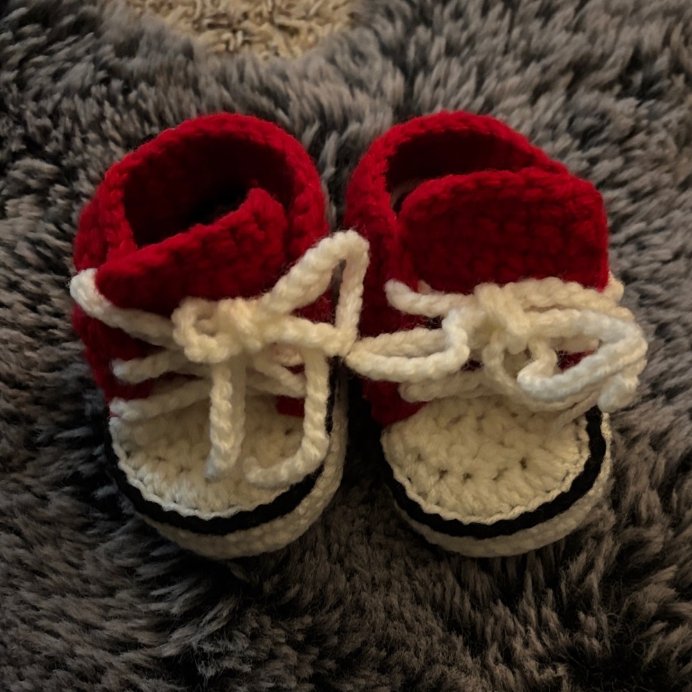 Handmade Red and White Baby Booties